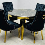 Louis Gold Round Black Marble 110cm Dining Table + Black Gold Ring Knocker Velvet Dining Chairs