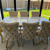 Louis Gold & White Marble Dining Table With Cream & Gold Lion Knocker Button Back Dining Chairs