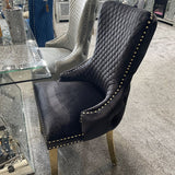 Louis Pandora Gold Marble Dining Table With Victoria Shimmer Velvet Lion Knocker Velvet Chairs