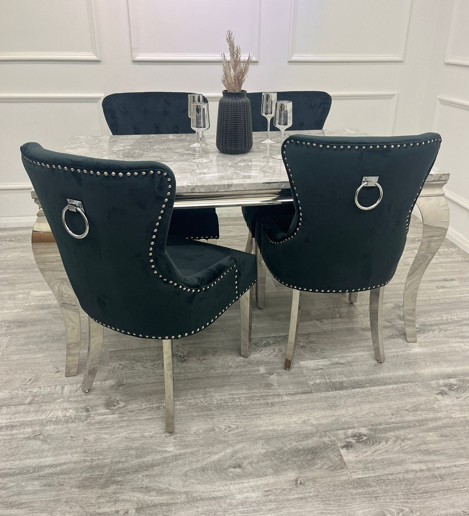 Louis 160cm Marble & Chrome Dining Table With Megan Chrome Ring Knocker Velvet Chairs