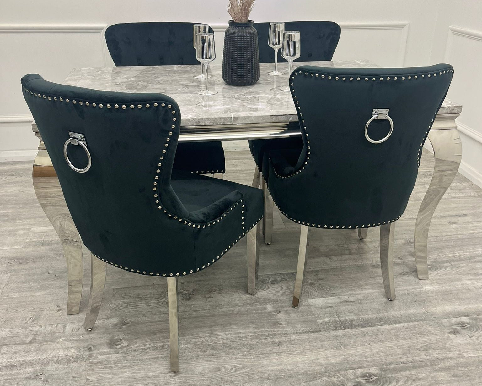 Louis Marble & Chrome Dining Table With Megan Chrome Ring Knocker Velvet Chairs