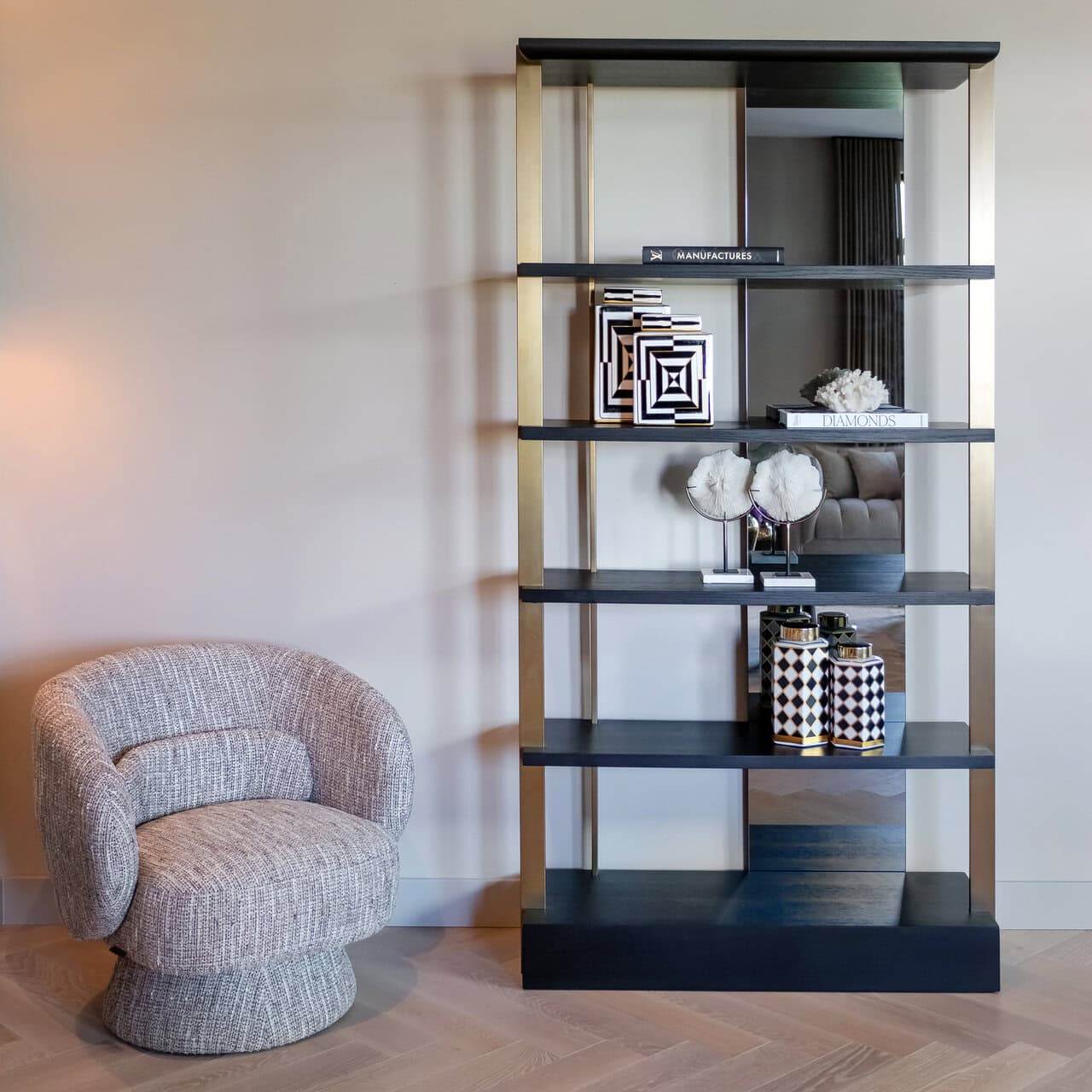 Richmond Interiors Rigley Black Oak Wood & Mirrored Display Unit
