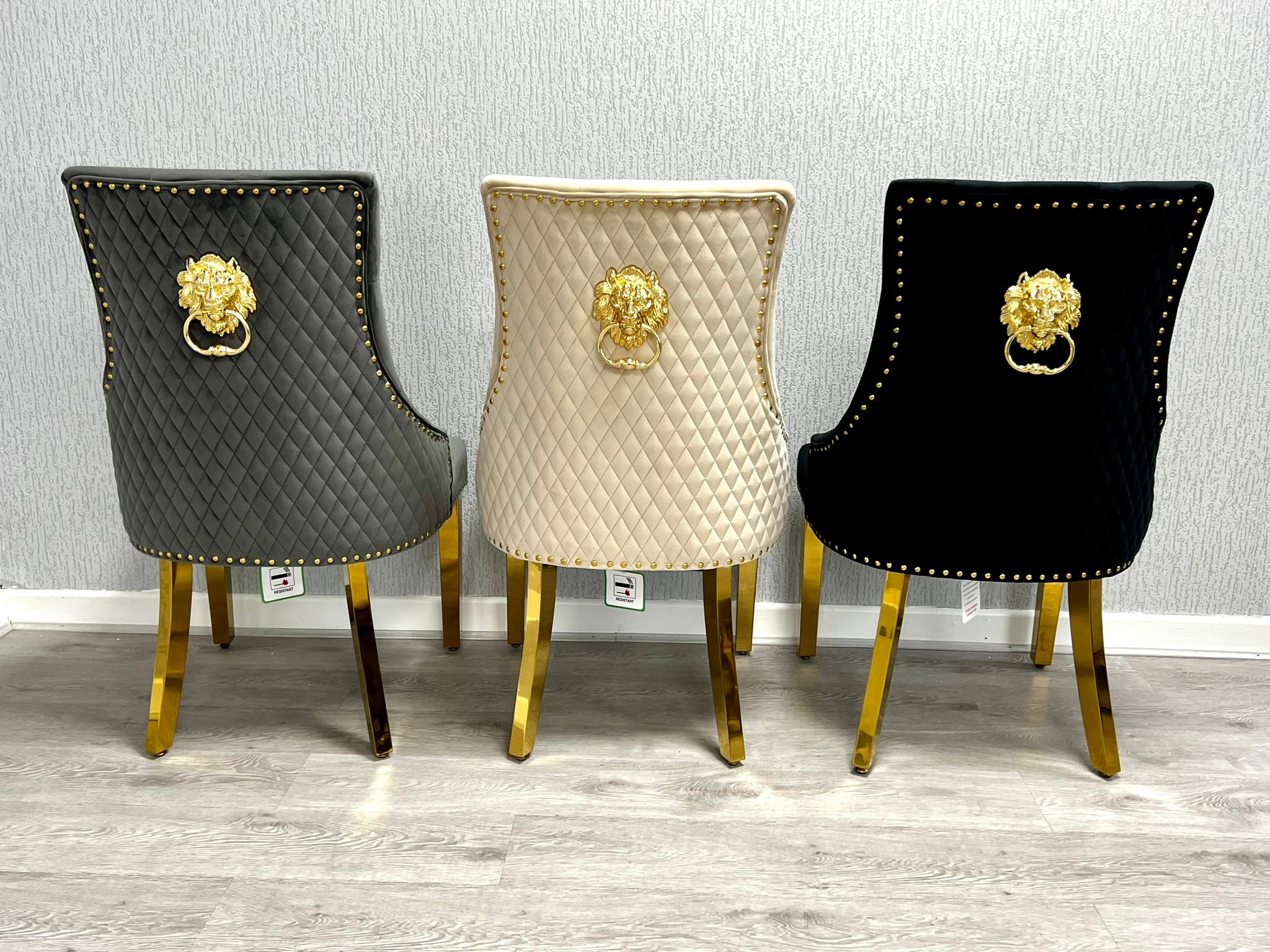 Majestic Dark Grey Gold Lion Knocker Quilted Tufted Plush Velvet Dining Chair Gold Legs