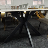 Phoenix 180cm White Ceramic Marble Dining Table With Grey Velvet Black Ring Chairs