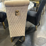 Louis Marble & Gold Dining Table With Lucy Slim Quilted Gold Ring Square Knocker Velvet Chairs