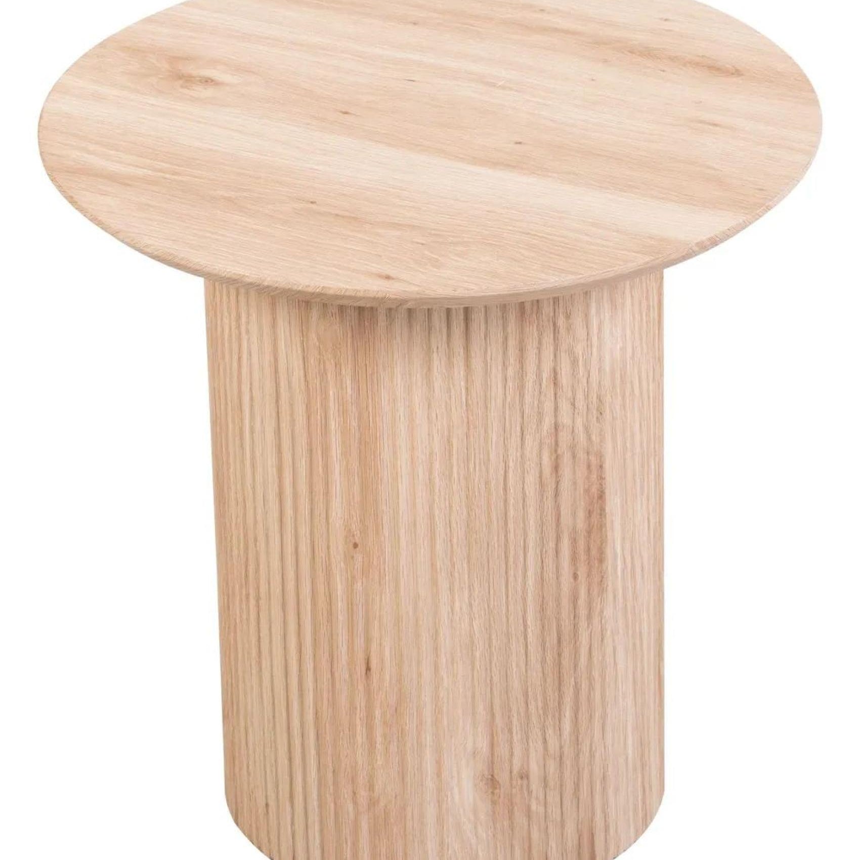 Zeno Oak Round End Table with Fluted Ribbed Drum Base