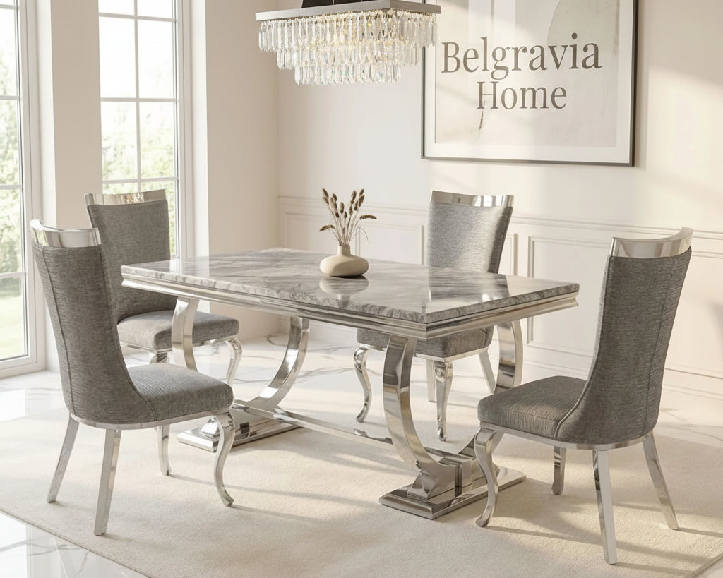 Arianna Marble & Chrome Dining Table With Romeo Silver Leather Chrome Dining Chairs