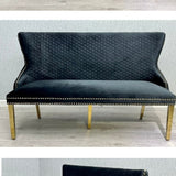 Valentino Gold Lion Knocker Quilted Tufted Black Plush Velvet 160cm Dining Bench