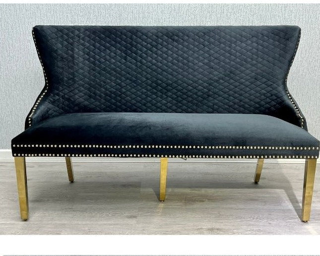 Valentino Gold Lion Knocker Quilted Tufted Black Plush Velvet 160cm Dining Bench