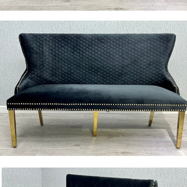 Valentino Gold Lion Knocker Quilted Tufted Black Plush Velvet 160cm Dining Bench