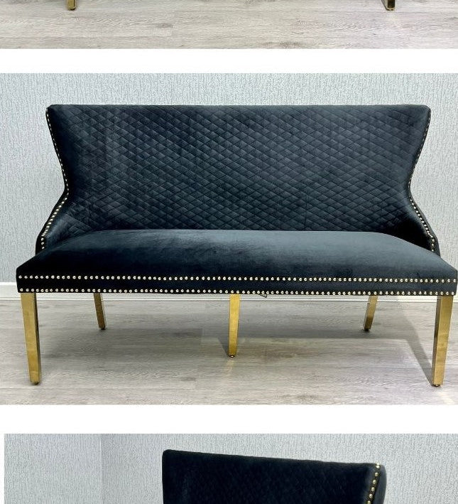 Valentino Gold Lion Knocker Quilted Tufted Black Plush Velvet 160cm Dining Bench