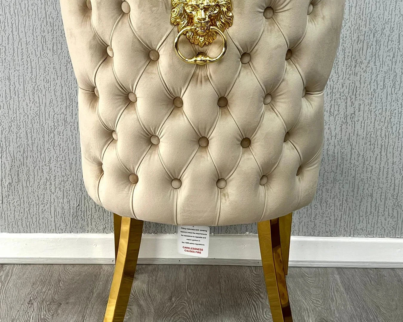 Louis Gold Cream Marble Dining Table With Valentino Gold Lion Knocker Dining Chairs
