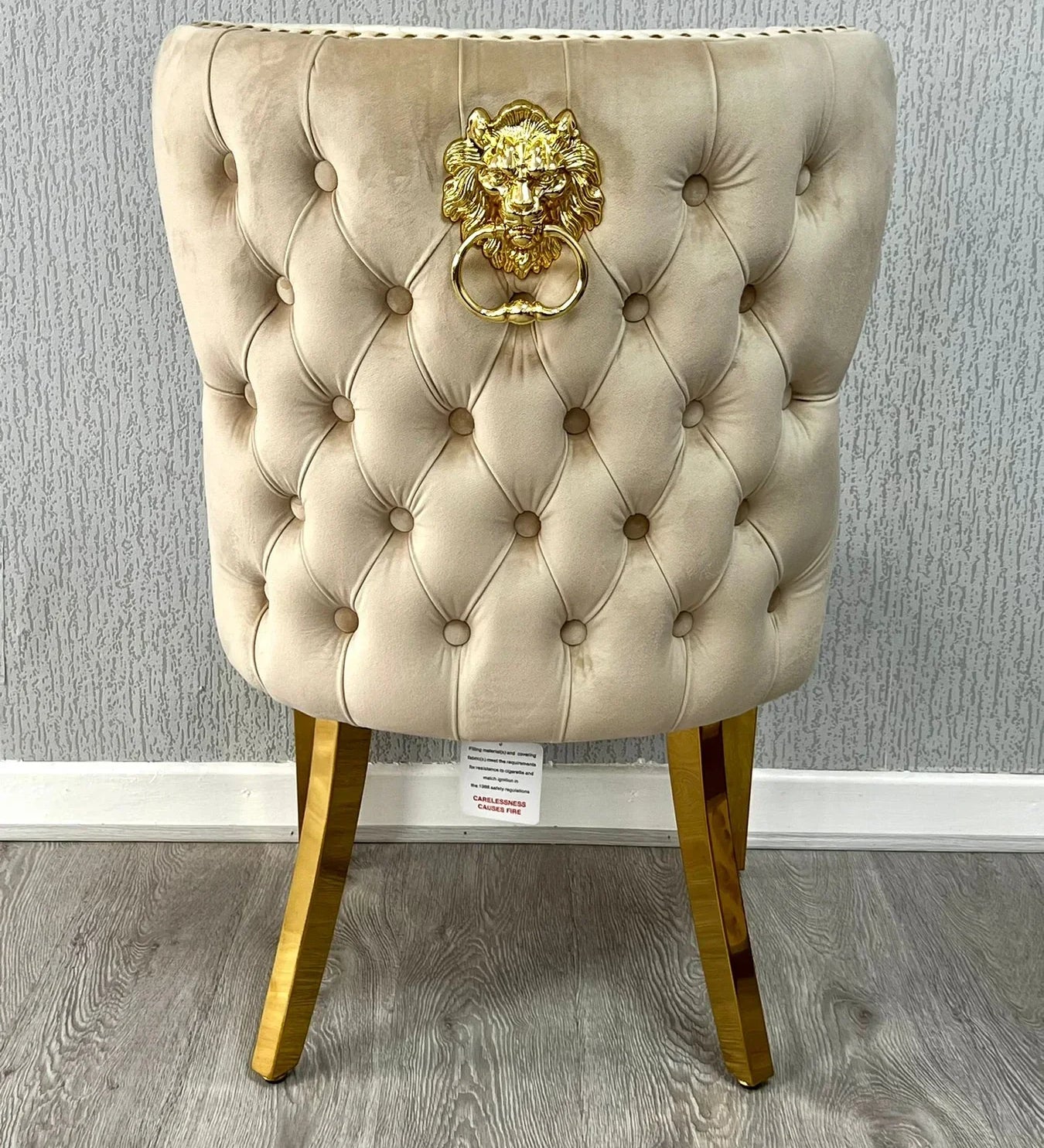 Louis Gold Cream Marble Dining Table With Valentino Gold Lion Knocker Dining Chairs