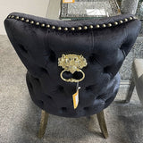 Louis Grey Gold Marble Dining Table With Victoria Shimmer Velvet Lion Knocker Velvet Chairs