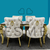 Louis 160cm Marble & Gold Dining Table With Victoria Gold Ring Knocker Velvet Chairs