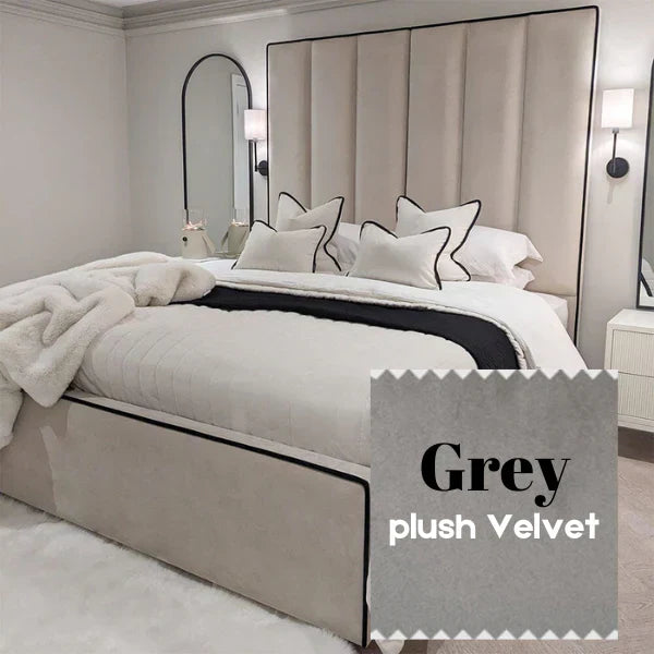 The Wenger Panel Upholstered Plush Velvet Black Piping Bed Frame