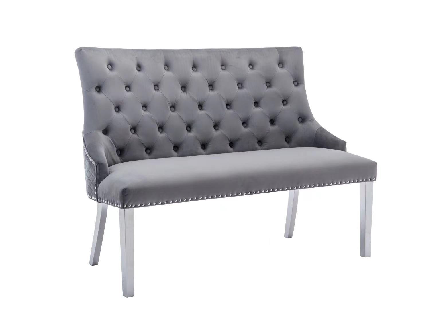 Majestic Lion Knocker Quilted High Back Grey Plush Velvet 130cm Dining Bench