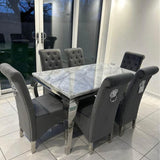 Louis 160CM Marble & Chrome Dining Table With Lucy Slim Quilted Lion Knocker Velvet Chairs