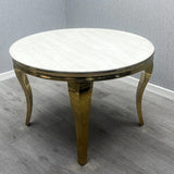 Louis Gold Round Marble 110cm Dining Table With Valentino Gold Lion Knocker Velvet Dining Chairs