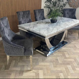 Denver Marble & Chrome Dining Table With Lion Knocker Quilted Velvet Chairs
