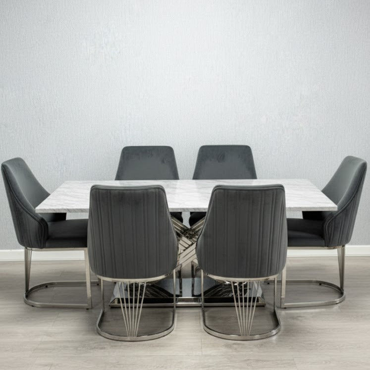 Elina 180cm Marble & Chrome Dining Table With Brompton Grey Velvet Chrome Chairs