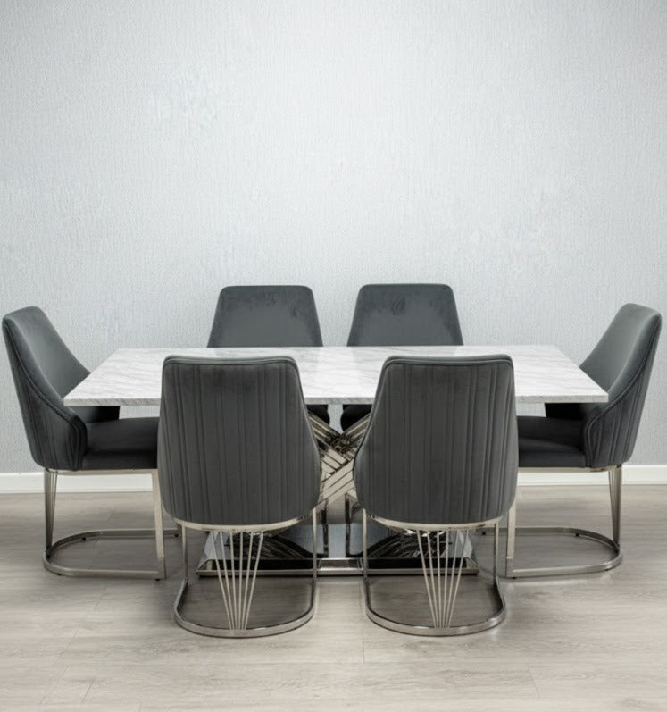 Elina 180cm Marble & Chrome Dining Table With Brompton Grey Velvet Chrome Chairs