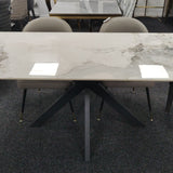 Phoenix 180cm White Ceramic Marble Dining Table With Grey Velvet Black Ring Chairs