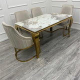 Louis Gold Marble Dining Table With Carlton Cream/Gold Velvet Dining Chairs