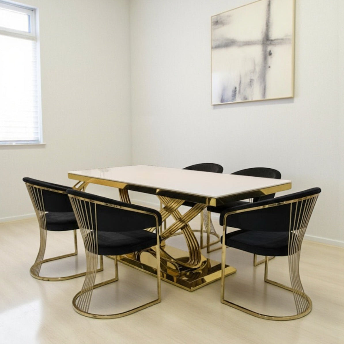 Elina 180cm Gold Dining Table With Savoy Gold Leathaire Fabric Chairs Gold Legs