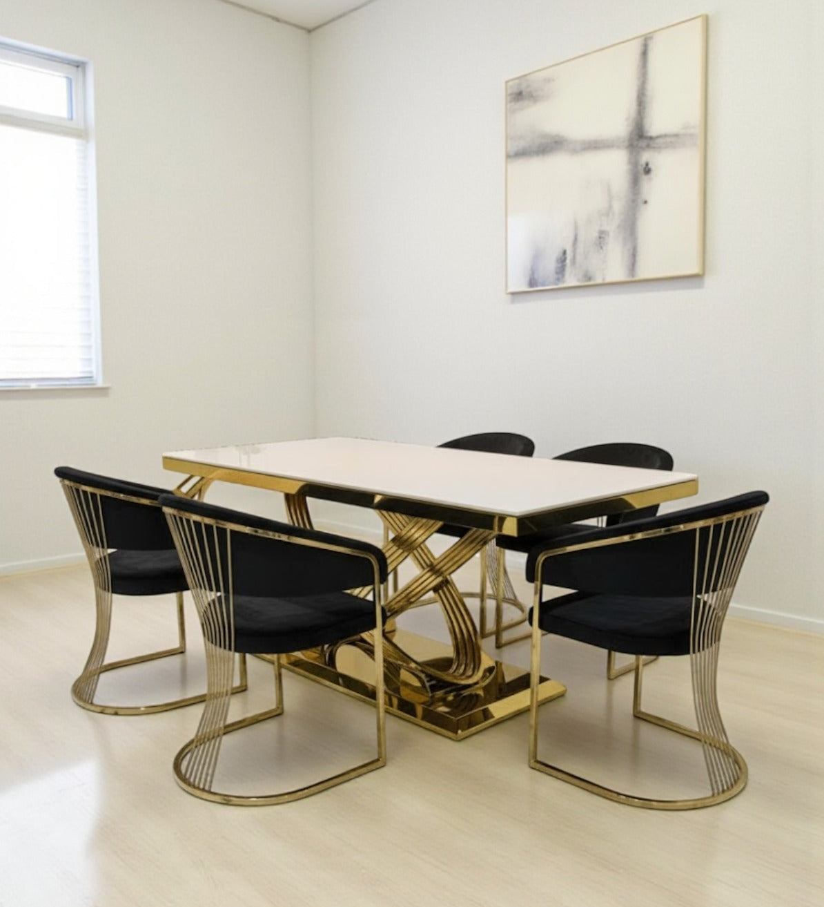 Elina 180cm Gold Dining Table With Savoy Gold Leathaire Fabric Chairs Gold Legs