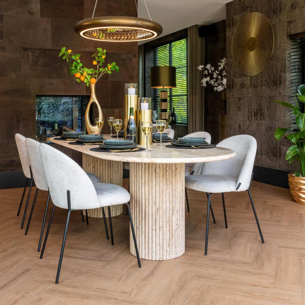 Richmond Interiors La Cantera Organic Beige Travertine Oval Dining Table | 8 Seater