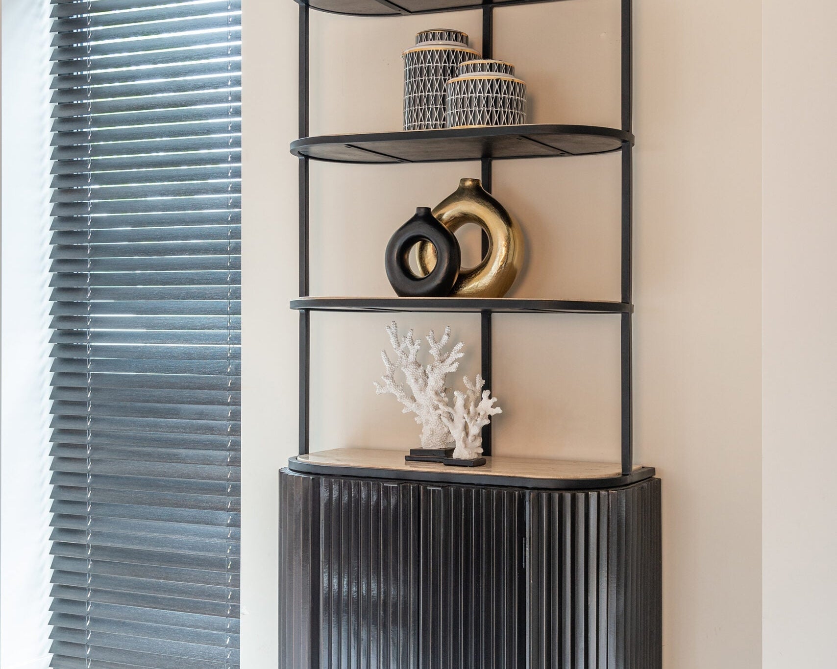 Richmond Interiors Hampton Black Wood & Beige Travertine Display Unit