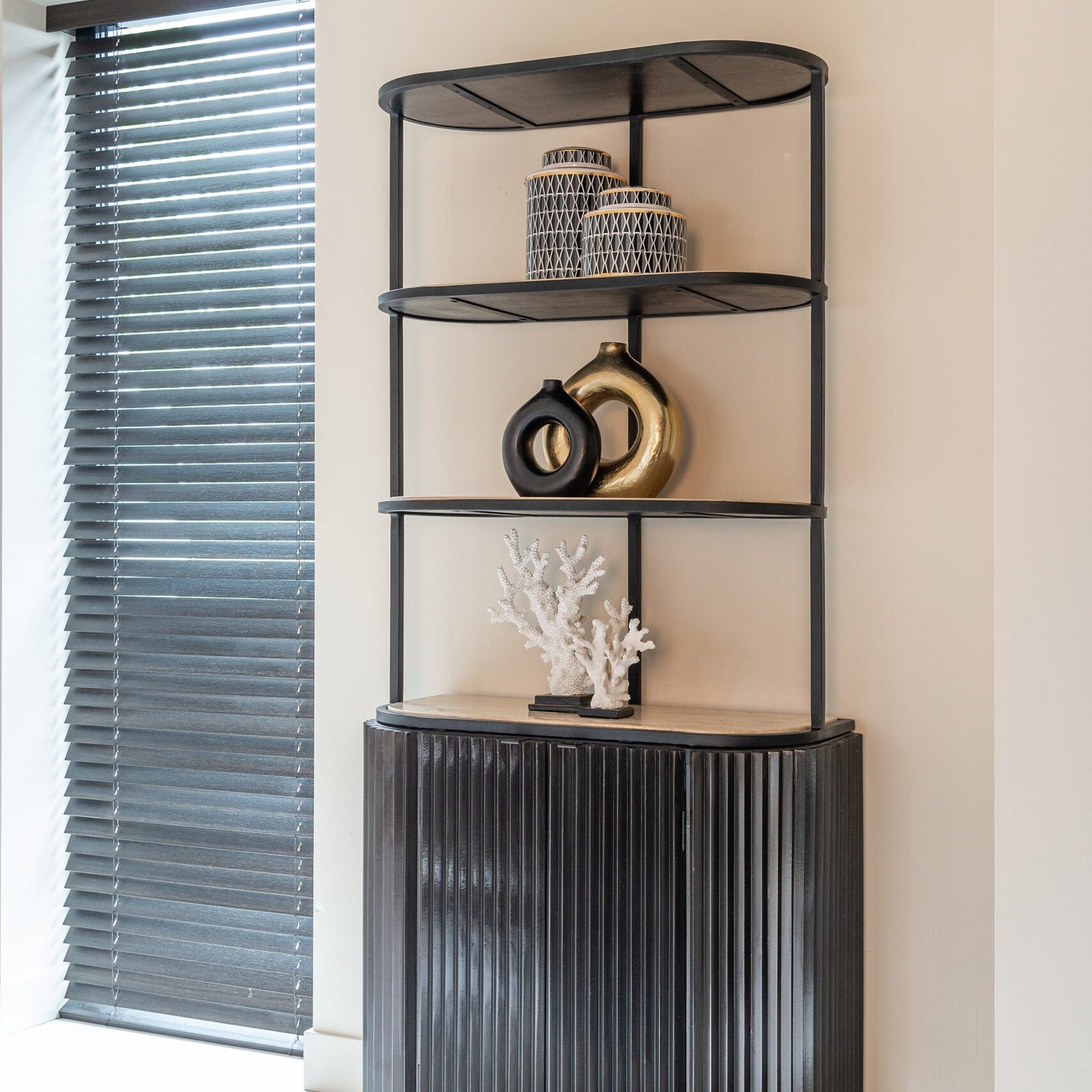Richmond Interiors Hampton Black Wood & Beige Travertine Display Unit