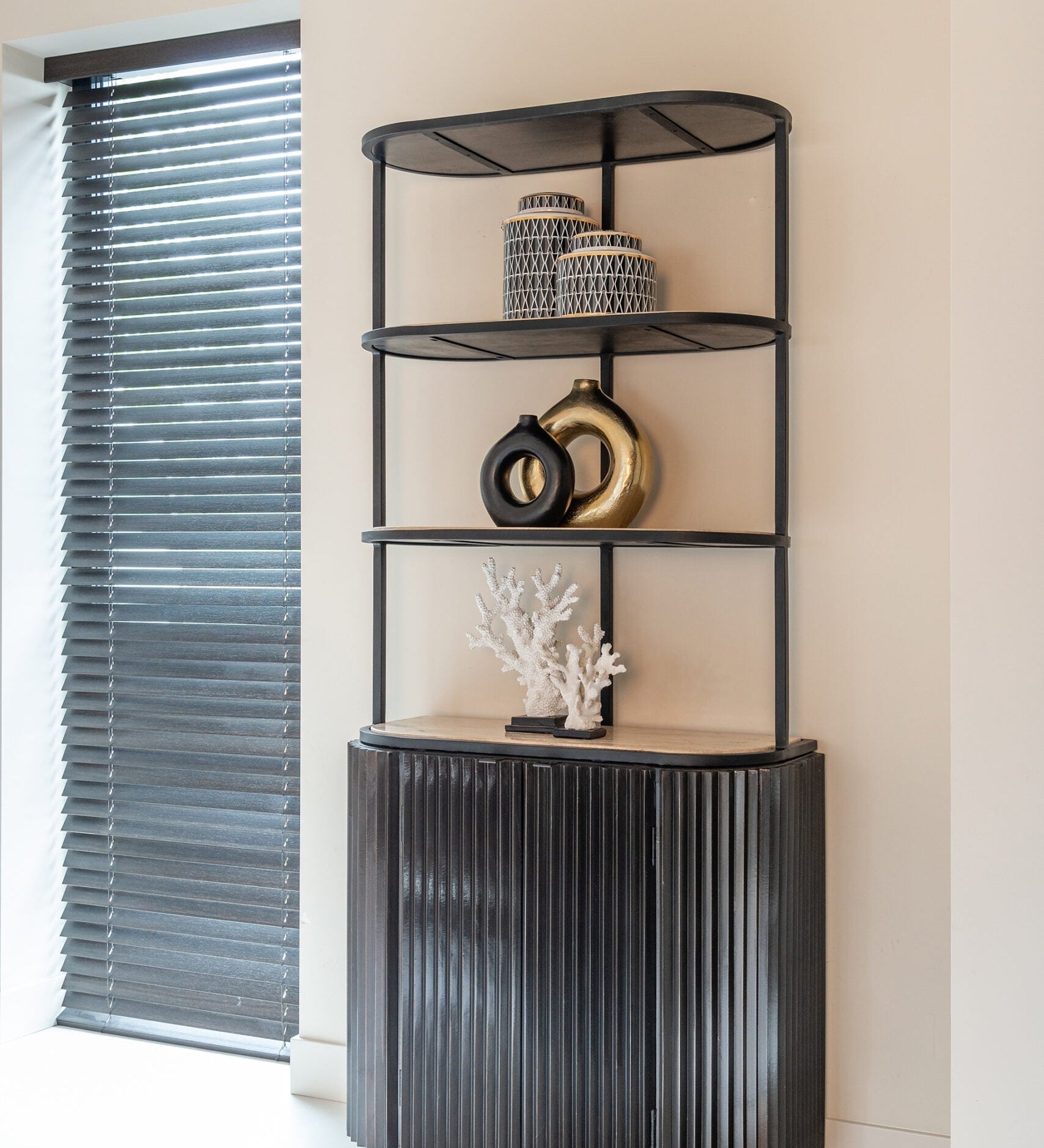 Richmond Interiors Hampton Black Wood & Beige Travertine Display Unit