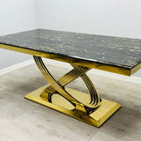 Elina 180cm Gold Dining Table With Santos Velvet Gold Chairs