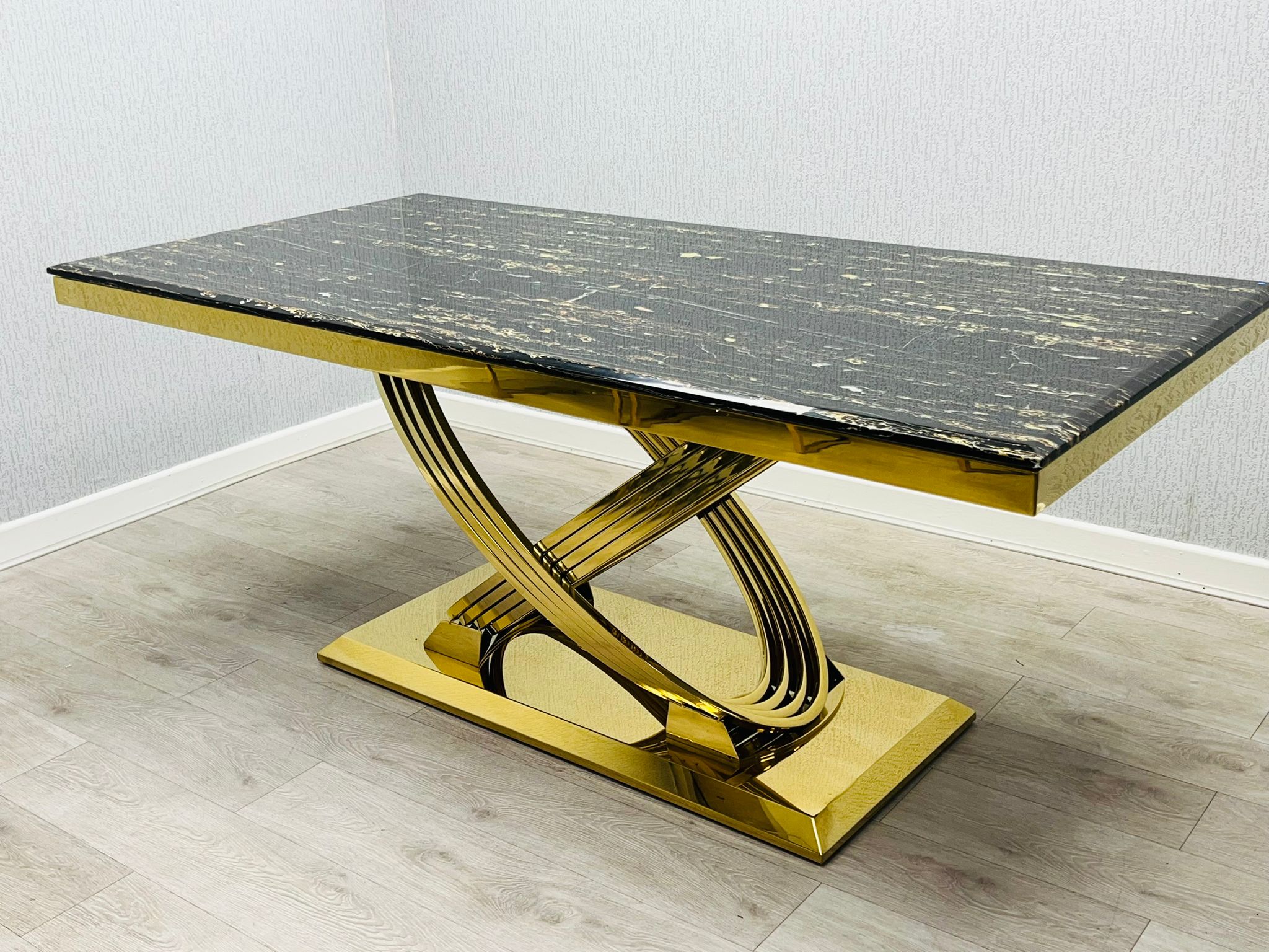 Elina 180cm Gold Dining Table With Santos Velvet Gold Chairs
