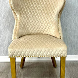 Louis Gold Cream Marble Dining Table With Valentino Gold Lion Knocker Dining Chairs