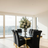 Arianna Marble & Gold Dining Table With Lucy Slim Quilted Gold Ring Knocker Velvet Chairs