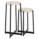 Richmond Interiors Dillinger Beige Travertine & Black Round Side Tables | Set of 2