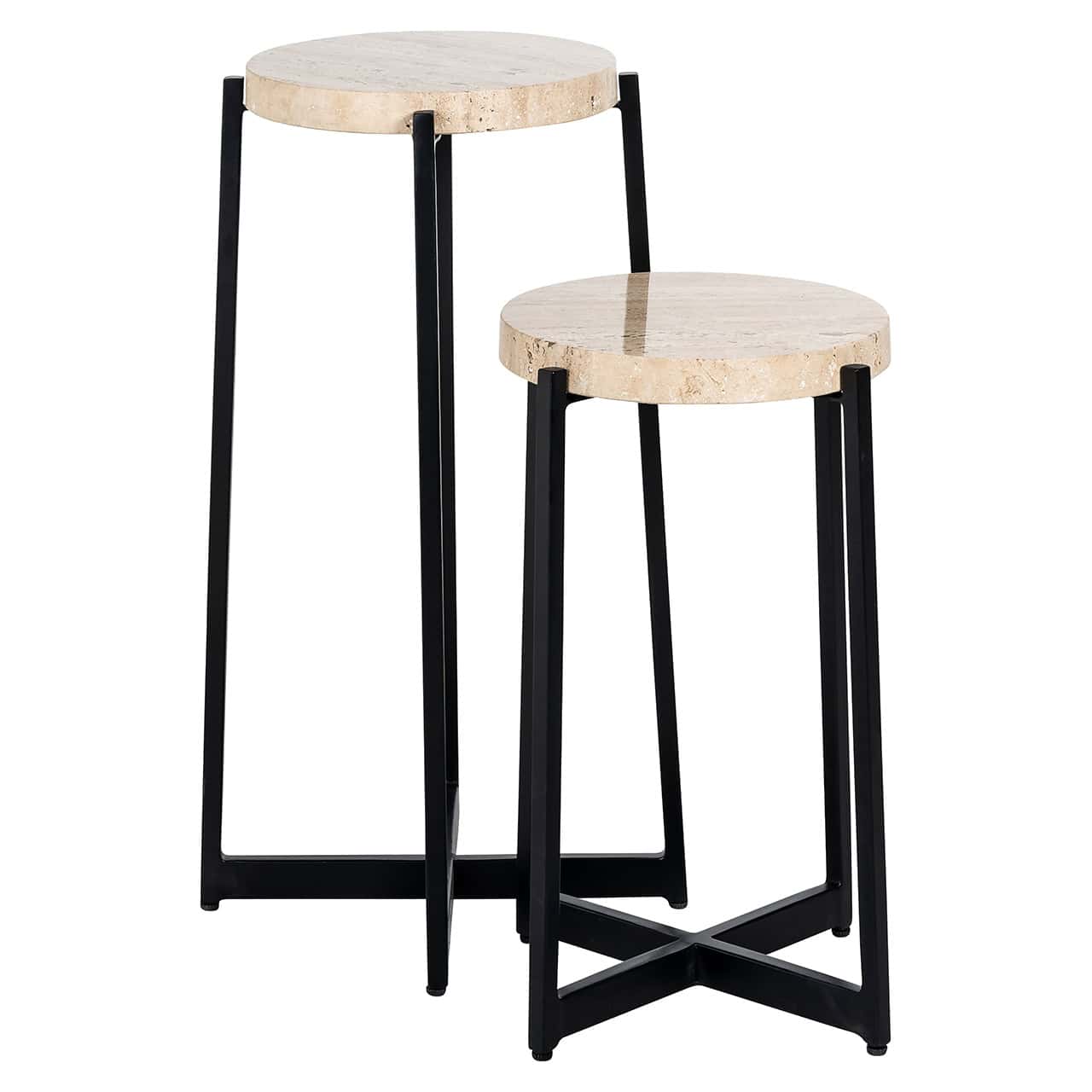 Richmond Interiors Dillinger Beige Travertine & Black Round Side Tables | Set of 2