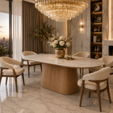 Bianca 200cm Oval Beech & White Ceramic Marble Dining Table With Zara Walnut Taupe Fabric Chairs