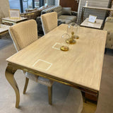Louis Marble & Gold Dining Table With Valente Gold Button Lion Knocker Velvet Chairs