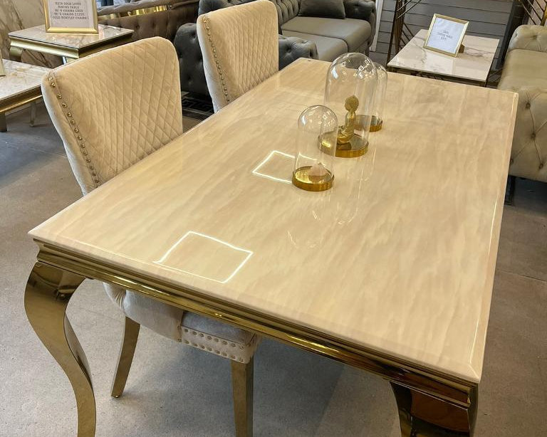 Louis Marble & Gold Dining Table With Valente Gold Button Lion Knocker Velvet Chairs