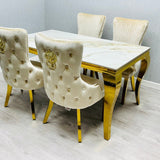 Louis Gold Cream Marble Dining Table With Shimmer Gold Lion Knocker Dining Chairs