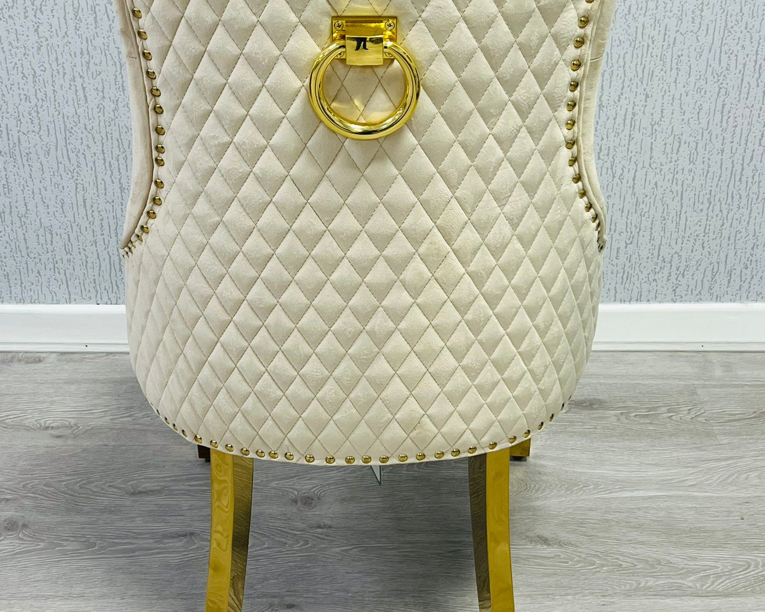 Majestic Cream Gold Ring Knocker Quilted Tufted Plush Velvet Dining Chair Gold Legs-Esme Furnishings