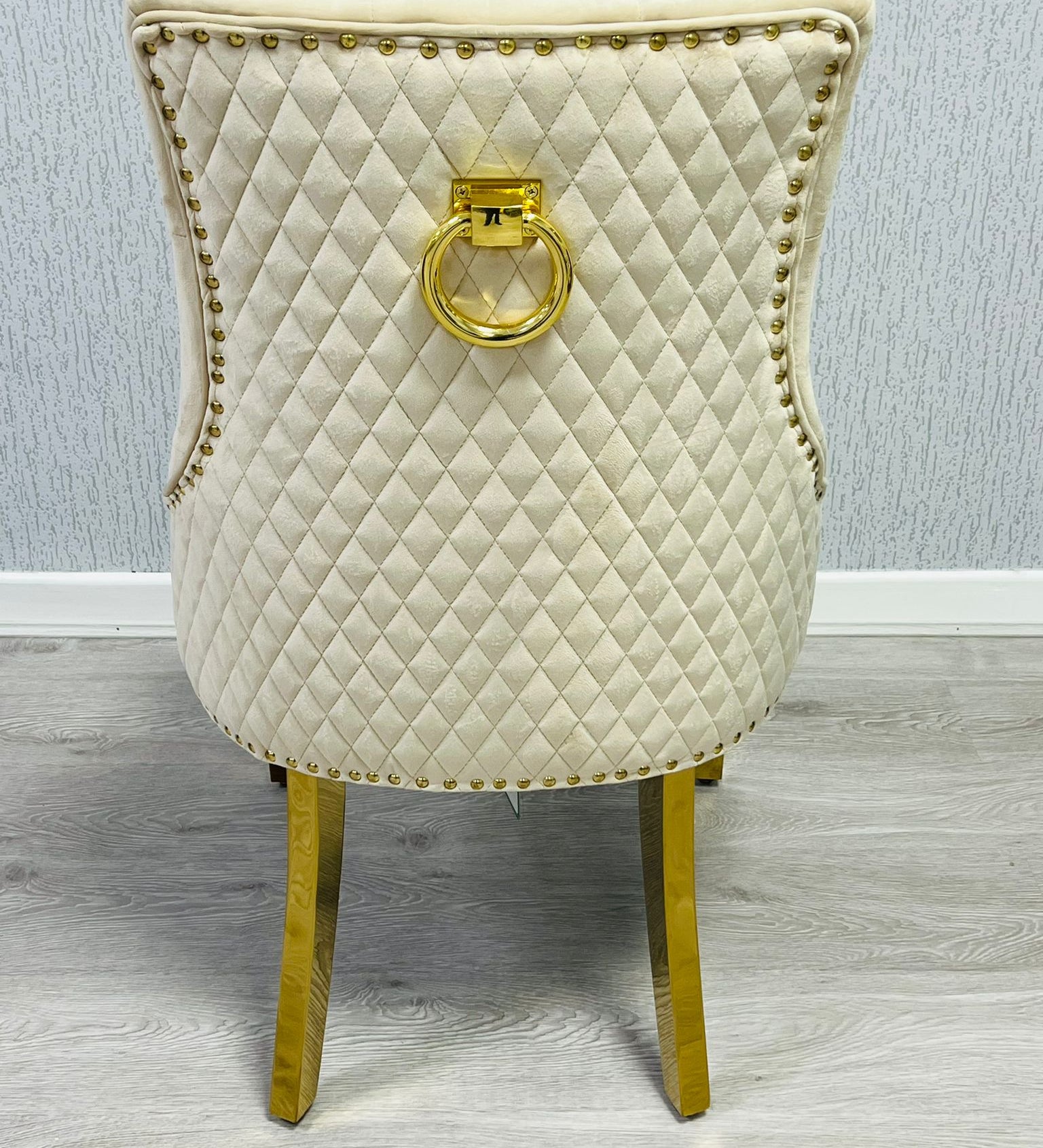 Majestic Cream Gold Ring Knocker Quilted Tufted Plush Velvet Dining Chair Gold Legs-Esme Furnishings