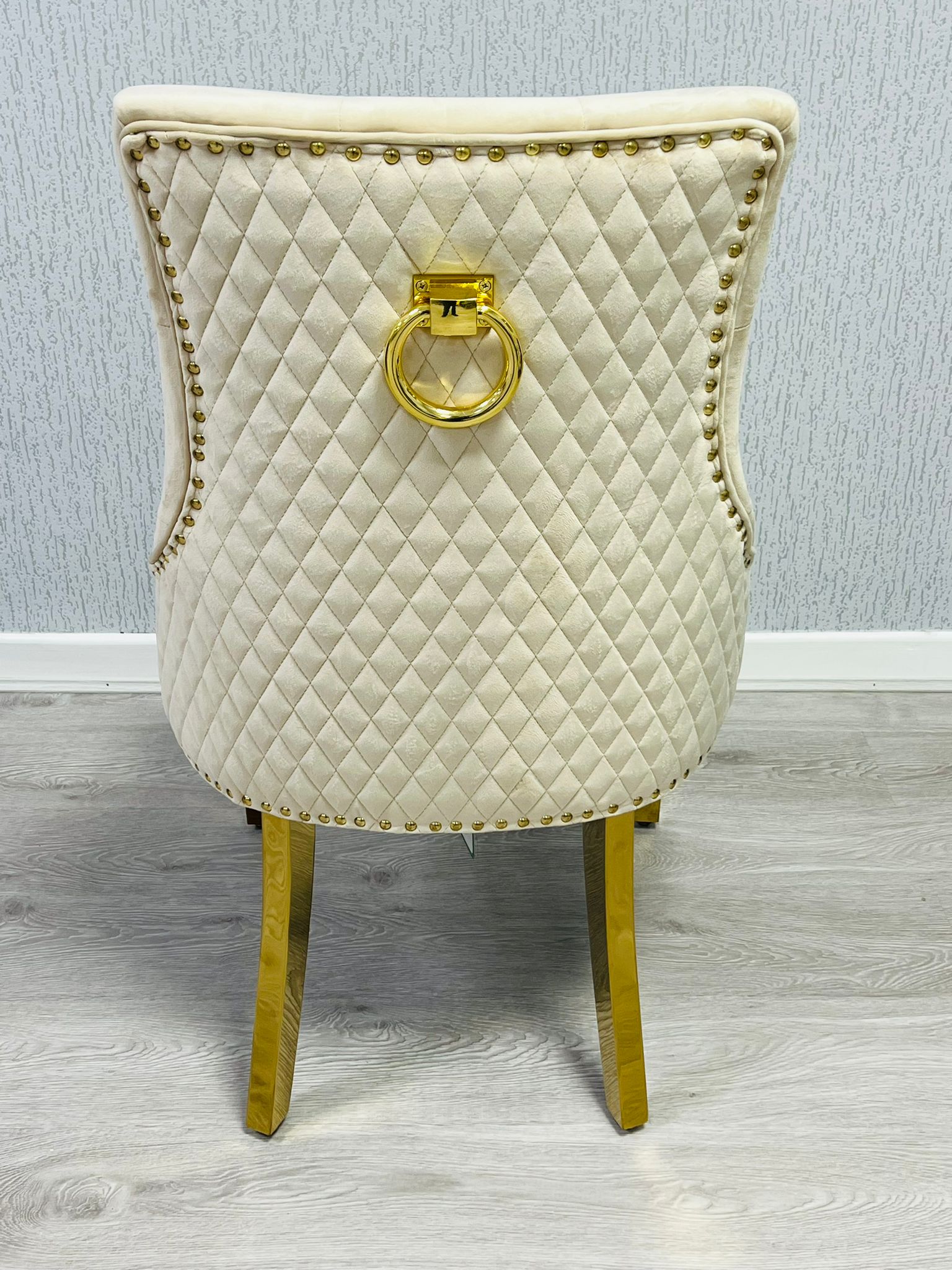 Majestic Cream Gold Ring Knocker Quilted Tufted Plush Velvet Dining Chair Gold Legs-Esme Furnishings