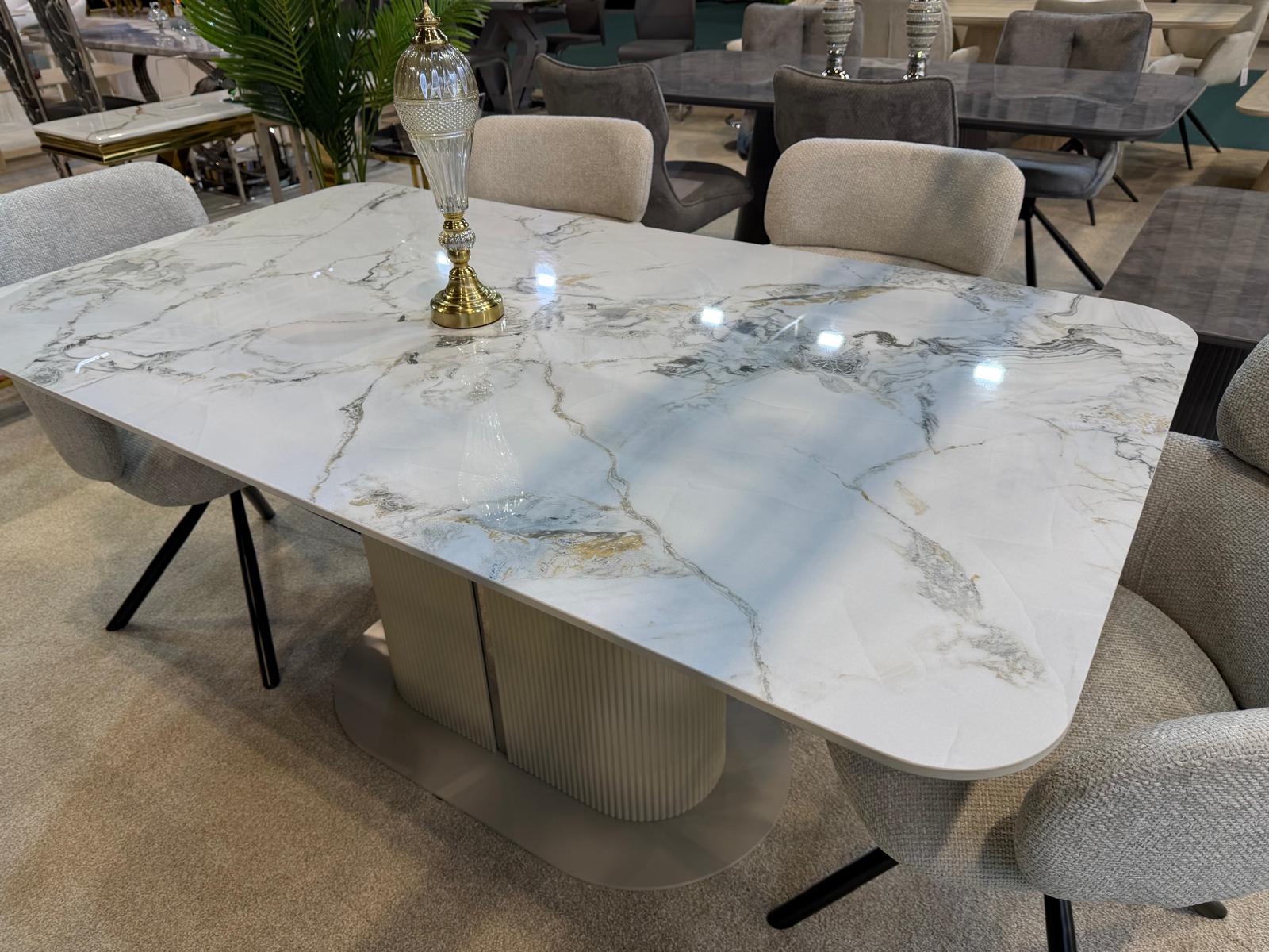 Sydney 160cm Cream Gold Ceramic Marble Dining Table With Sydney Beige Velvet 360 Swivel Dining Chairs