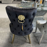 Louis Pandora Gold Marble Dining Table With Victoria Shimmer Velvet Lion Knocker Velvet Chairs