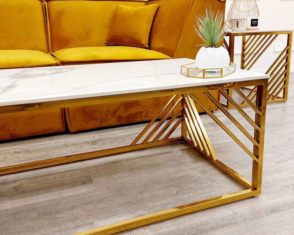 Azure Gold Coffee Table with Polar White Sintered Top-Esme Furnishings